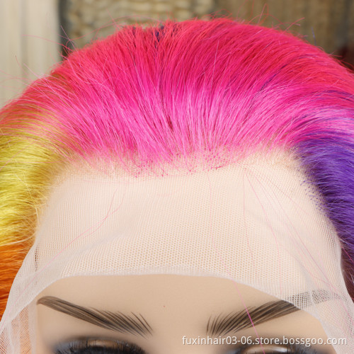 New Fashion Rainbow Color Transparent Lace Full Frontal Wig Colorful Seven Colors Ombre HD Lace Front Wig